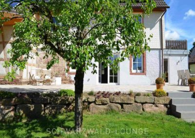 Chalet Lindenbuch: Blick auf die Terrasse mit Treppe zum Garten und Baum im Vordergrund