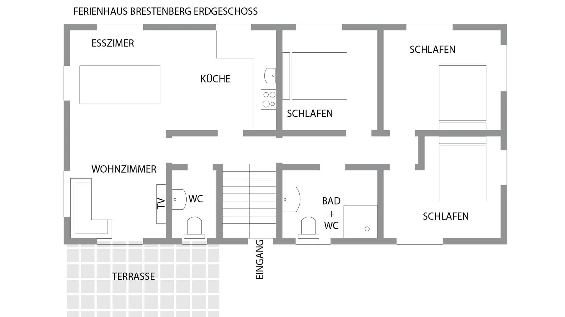 Grundriss Erdgeschoss – Ferienhaus Brestenberg | Raumaufteilung & Überblick Grundriss des Erdgeschosses vom Ferienhaus Brestenberg mit Wohnzimmer, Küche, Esszimmer und Schlafzimmern.