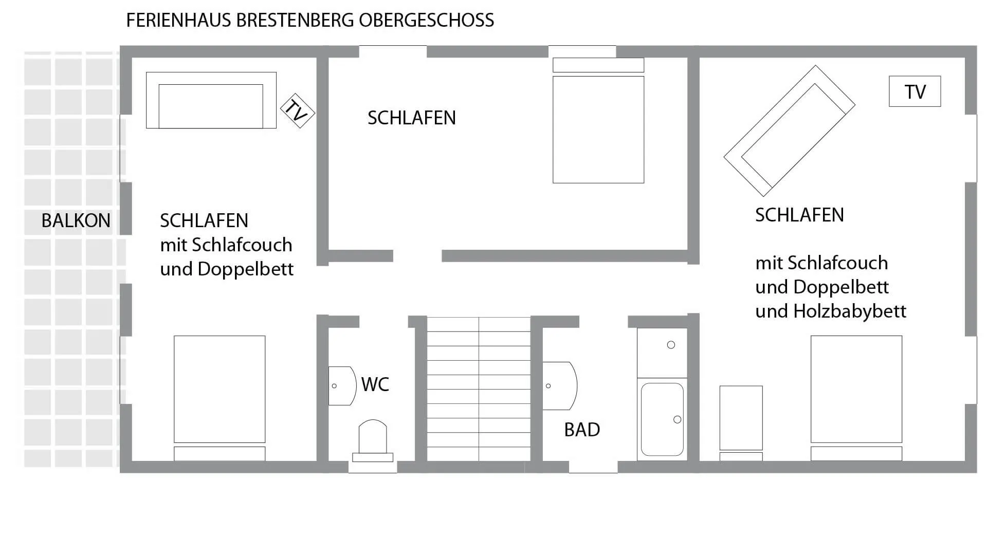 Grundriss Obergeschoss – Ferienhaus Brestenberg | Schlafräume & Balkon Grundriss des Obergeschosses vom Ferienhaus Brestenberg mit mehreren Schlafzimmern, Balkon und Bad.