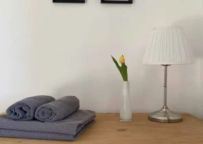 Detailaufnahme der Kommode mit Handtüchern und Dekoration im Ferienhaus Brestenberg.