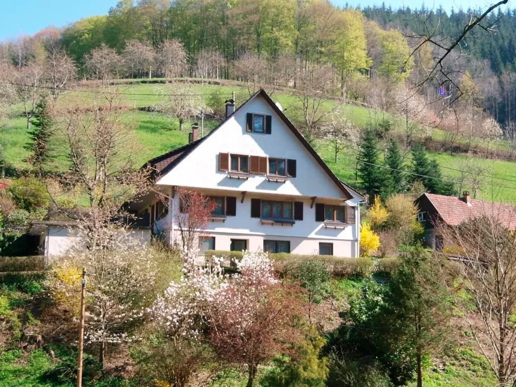 Außenansicht des Ferienhauses Hof Busems inmitten grüner Schwarzwaldhänge und Obstwiesen.