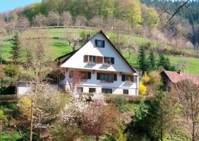 Außenansicht des Ferienhauses Hof Busems inmitten grüner Schwarzwaldhänge und Obstwiesen.