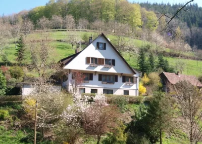 Außenansicht des Ferienhauses Hof Busems in Hanglage mit Blick auf Wälder und Wiesen im Schwarzwald.