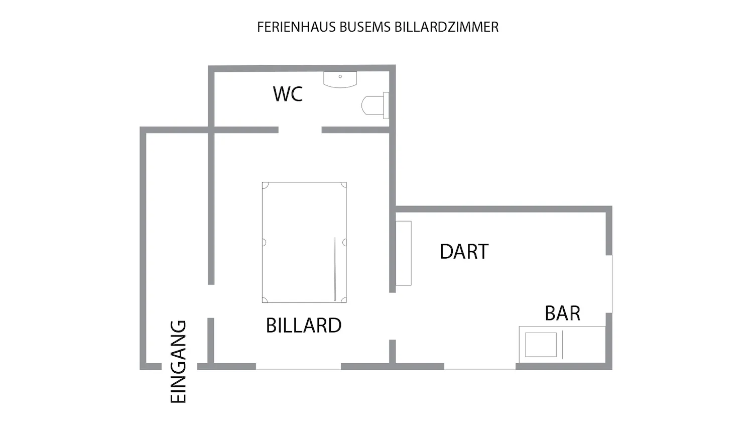 Grundriss Billard-, Dart- & Barbereich – Gruppenunterkunft Schwarzwald Grundriss des Freizeitbereichs im Ferienhaus Hof Busems mit Billardraum, Dartbereich, Bar und WC.