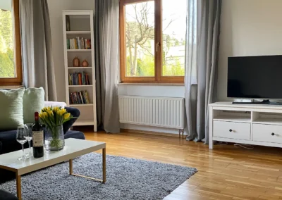 Modernes Wohnzimmer mit Sofa, Couchtisch, TV und großer Fensterfront in der Ferienwohnung Kinzigtal.