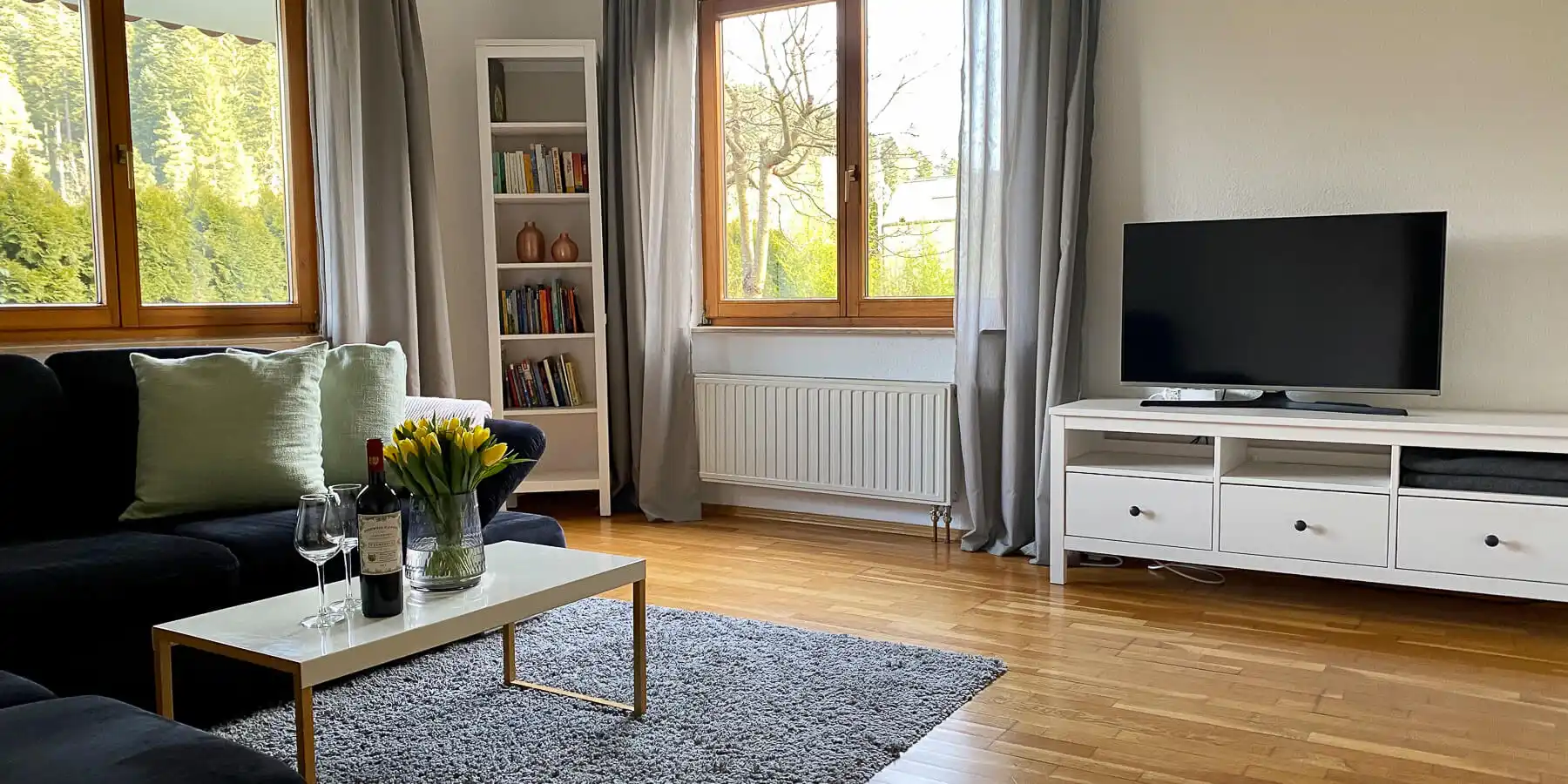 Modernes Wohnzimmer mit Sofa, Couchtisch, TV und großer Fensterfront in der Ferienwohnung Kinzigtal.