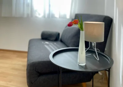 Ostweg Schwarzwald – gemütliches Schlafsofa mit Beistelltisch und Dekoration in der Ferienwohnung Schwarzwaldlounge