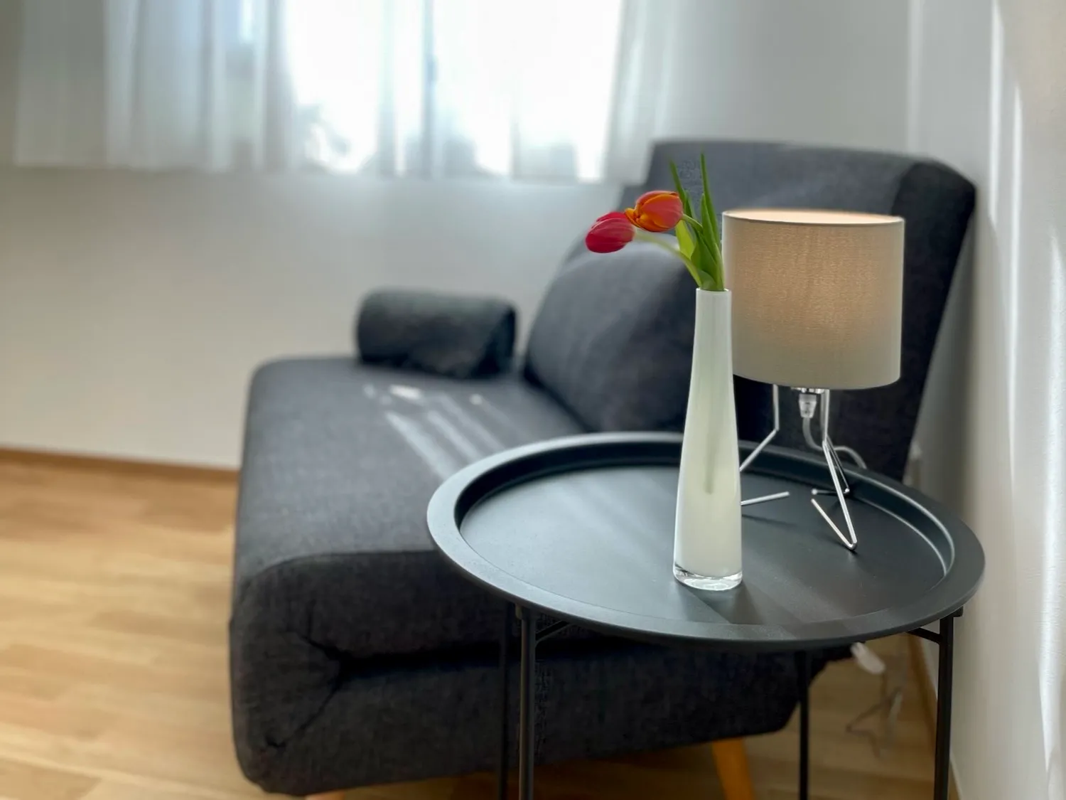 Ostweg Schwarzwald – gemütliches Schlafsofa mit Beistelltisch und Dekoration in der Ferienwohnung Schwarzwaldlounge