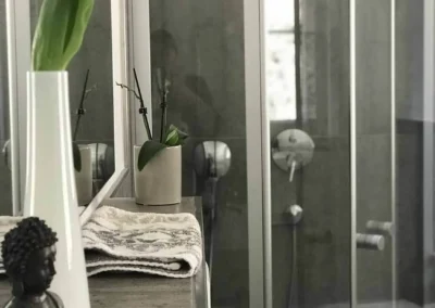 Detailaufnahme im Bad des Schwarzwald Chalet Lohmühle mit Blume, Spiegel und Dusche.