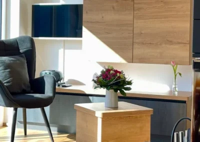 Gemütliches Wohnzimmer der Ferienwohnung Westweg mit Schwedenofen, modernen Sesseln und viel Tageslicht.