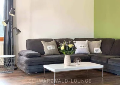Helles Wohnzimmer im Apartment Bergsee Schwarzwald mit modernem grauen Sofa, Stehlampe und dekorativen Kissen.