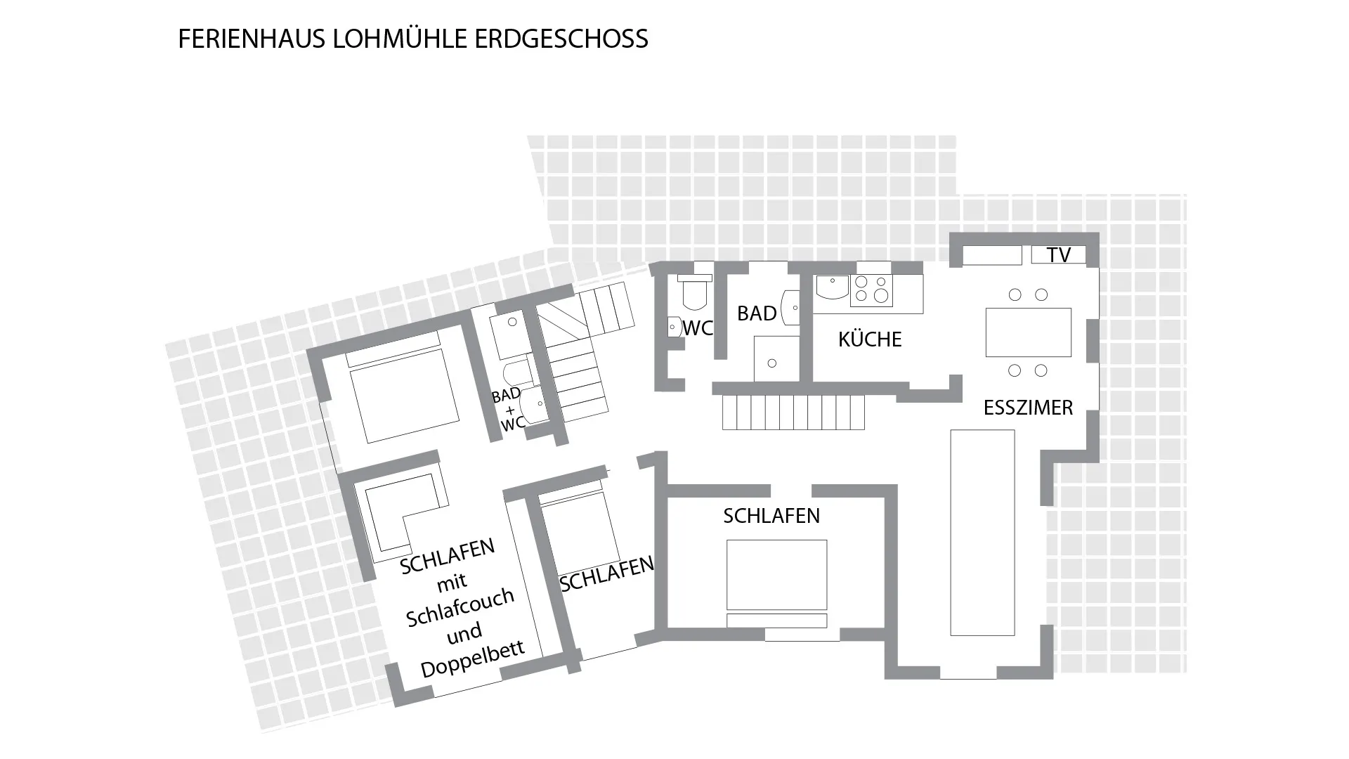 Schwarzwald Chalet Lohmühle – Grundriss Erdgeschoss Grundriss des Erdgeschosses vom Schwarzwald Chalet Lohmühle mit Schlafzimmern, Küche, Esszimmer und Bädern.