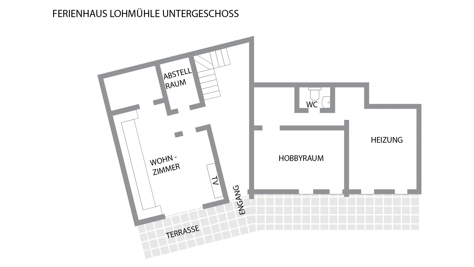 Schwarzwald Chalet Lohmühle – Grundriss Untergeschoss | Übersicht & Raumaufteilung Grundriss Untergeschoss im Schwarzwald Chalet Lohmühle mit Wohnzimmer, Hobbyraum, WC und Terrasse.
