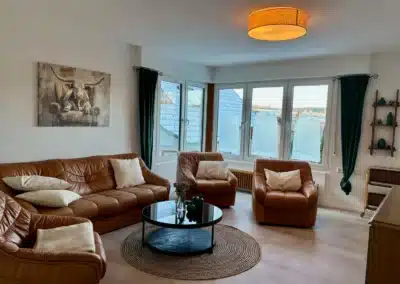 Wohnbereich mit Ledersesseln, Couchtisch und Fenster im Ferienhaus Tanne und Tal Relax.