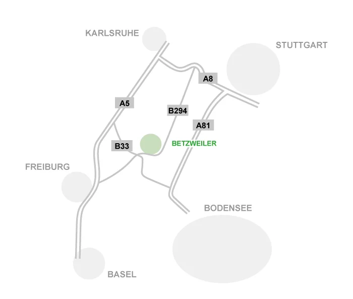 Lagekarte von Betzweiler im Schwarzwald mit Anbindung über A81, B294 und B33