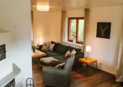 Wohnbereich mit Sofa und Sessel im Haus Brestenberg – Schwarzwald-Lounge