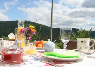 Ferienhaus Baiersbronn – Frühstück auf der Terrasse mit Blick auf die Natur im Schwarzwald