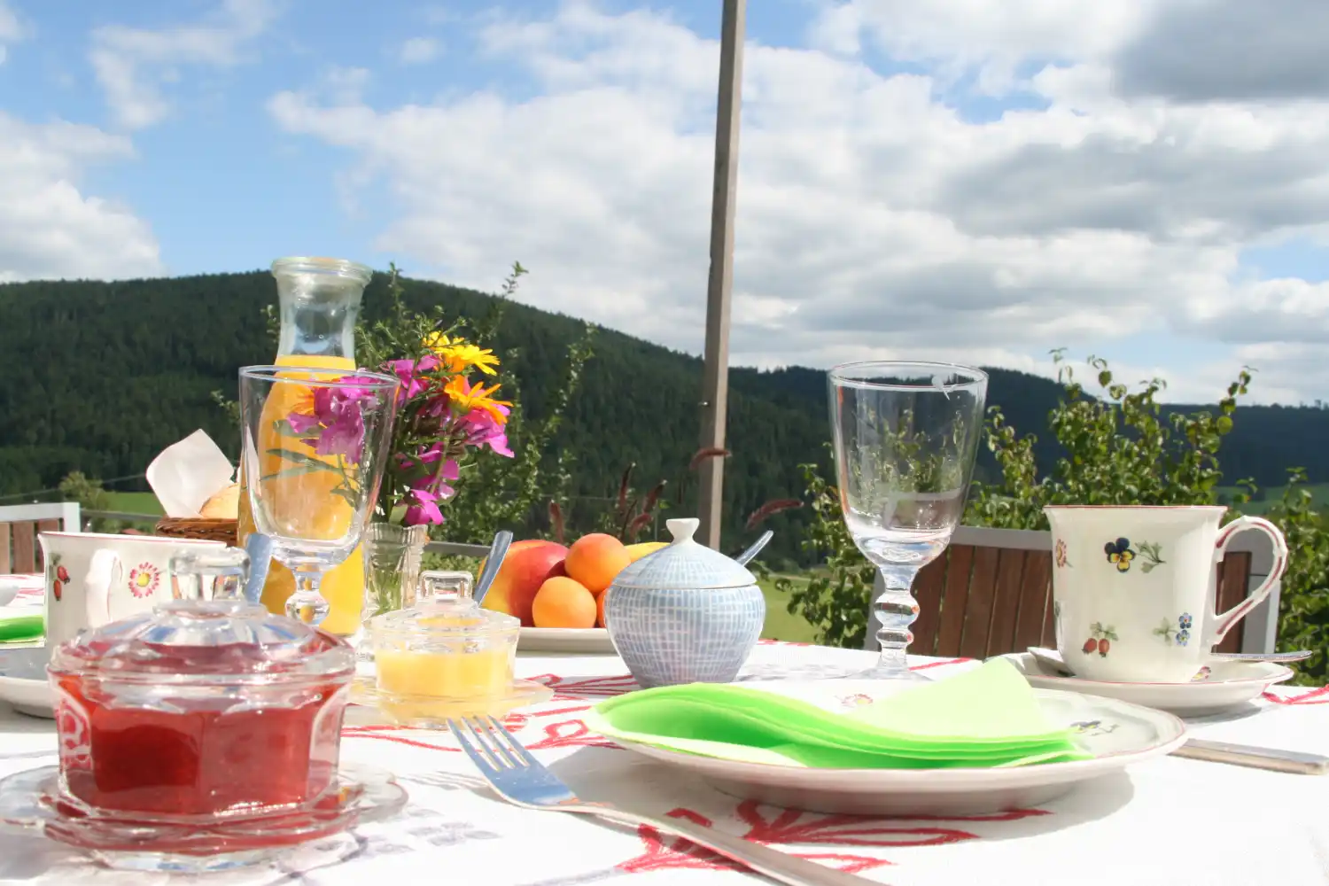 Ferienhaus Baiersbronn – Frühstück auf der Terrasse mit Blick auf die Natur im Schwarzwald