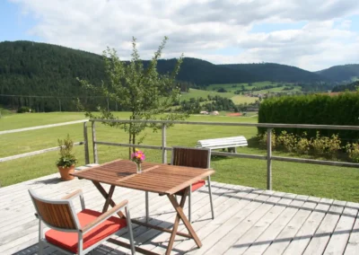 Ferienhaus Baiersbronn – Terrasse mit Sitzbereich und Blick über die Schwarzwaldlandschaft