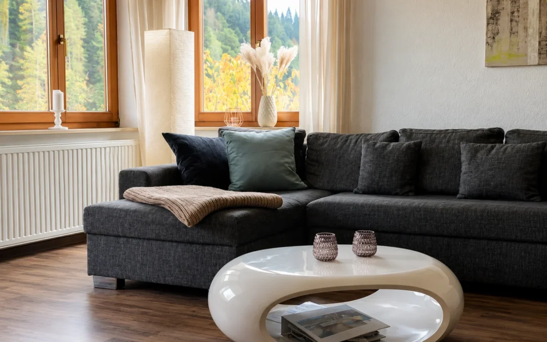 Modernes Wohnzimmer einer Ferienwohnung im Schwarzwald mit gemütlicher Sitzecke und Blick ins Grüne