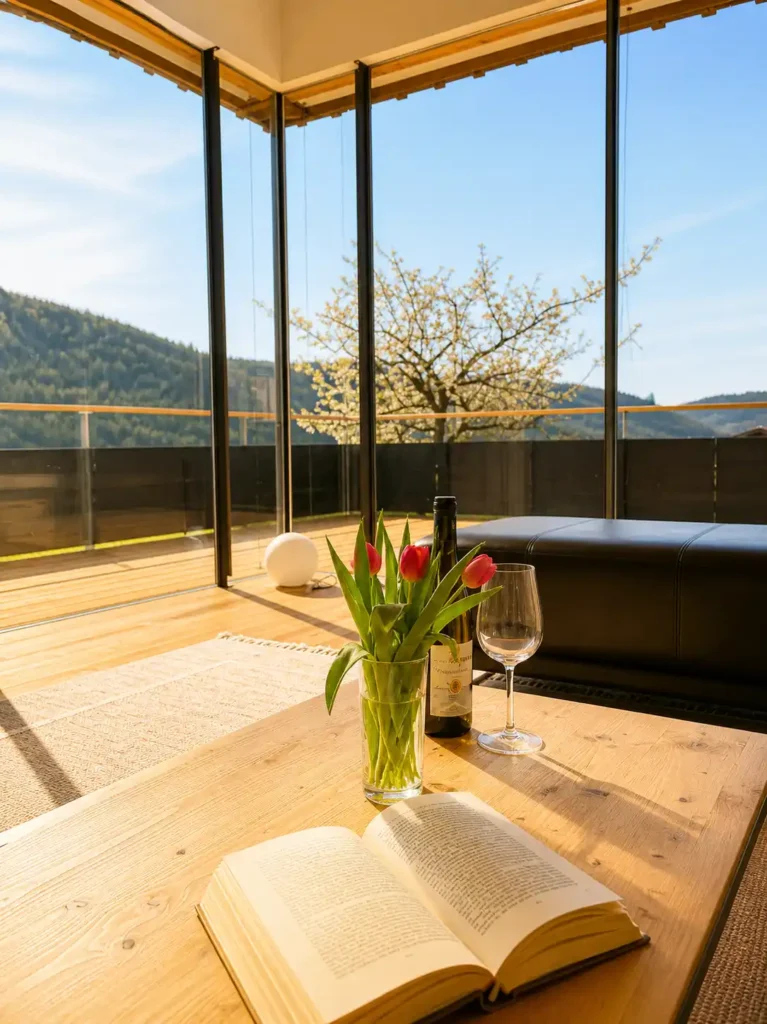 Detailaufnahme Wohnzimmertisch mit Blumen, Buch und Weinglas