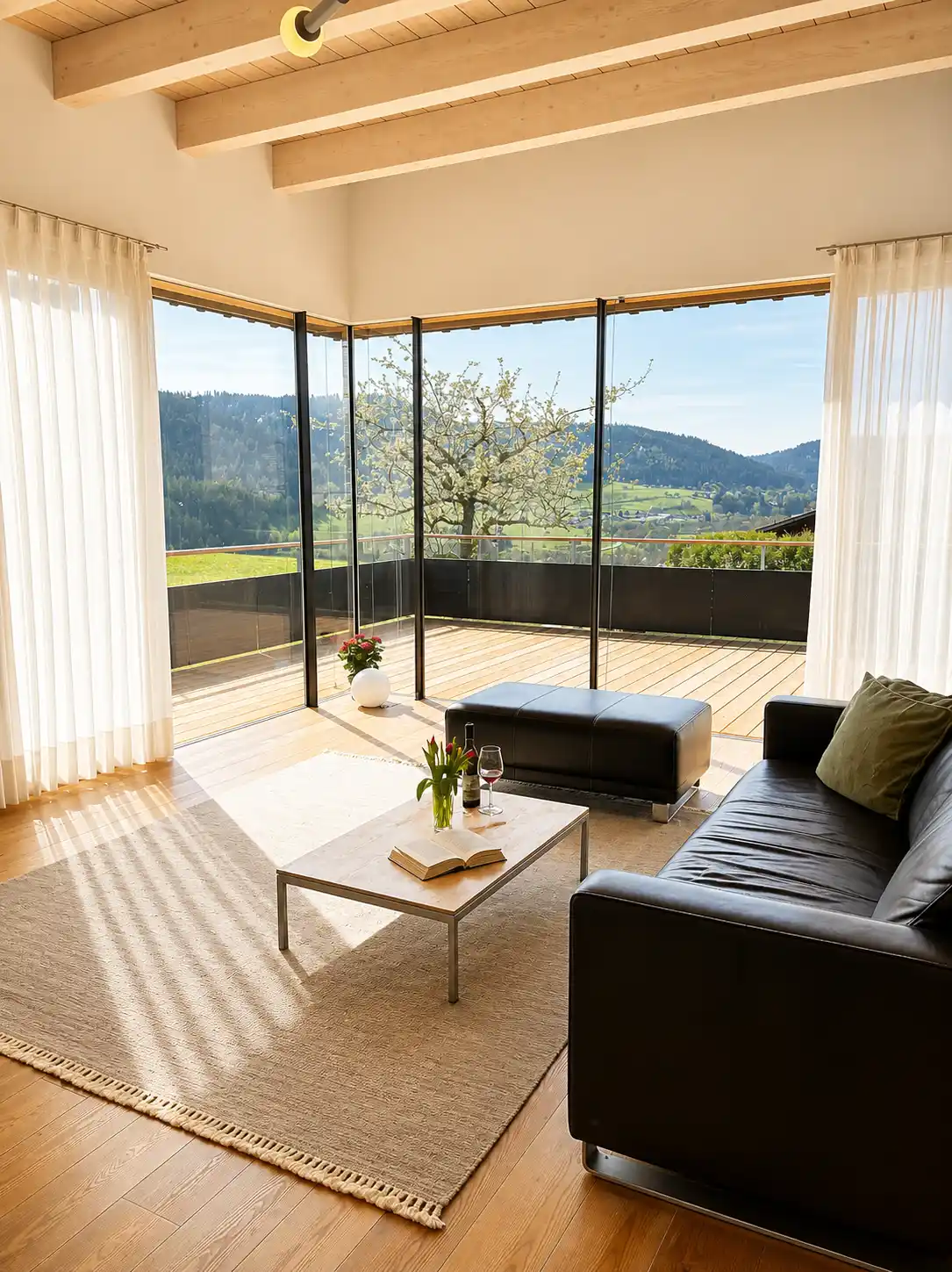 ferienhaus-baiersbronn-wohnzimmer-panoramafenster-terrasse-schwarzwald-lounge Ferienhaus Baiersbronn – Terrasse mit Sitzbereich und Blick über die Schwarzwaldlandschaft