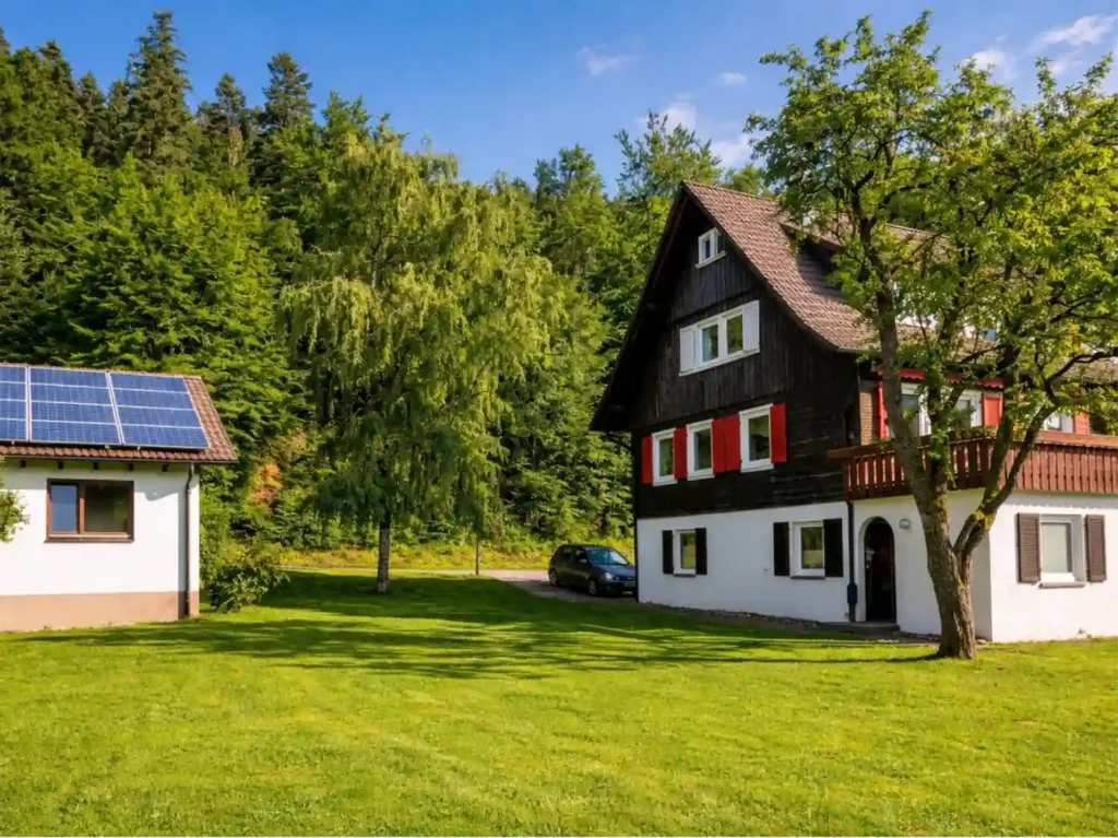 Sommerliche Außenansicht von Tanne und Tal Relax mit großem Garten, Haupthaus, Nebengebäude und Waldkulisse im Schwarzwald