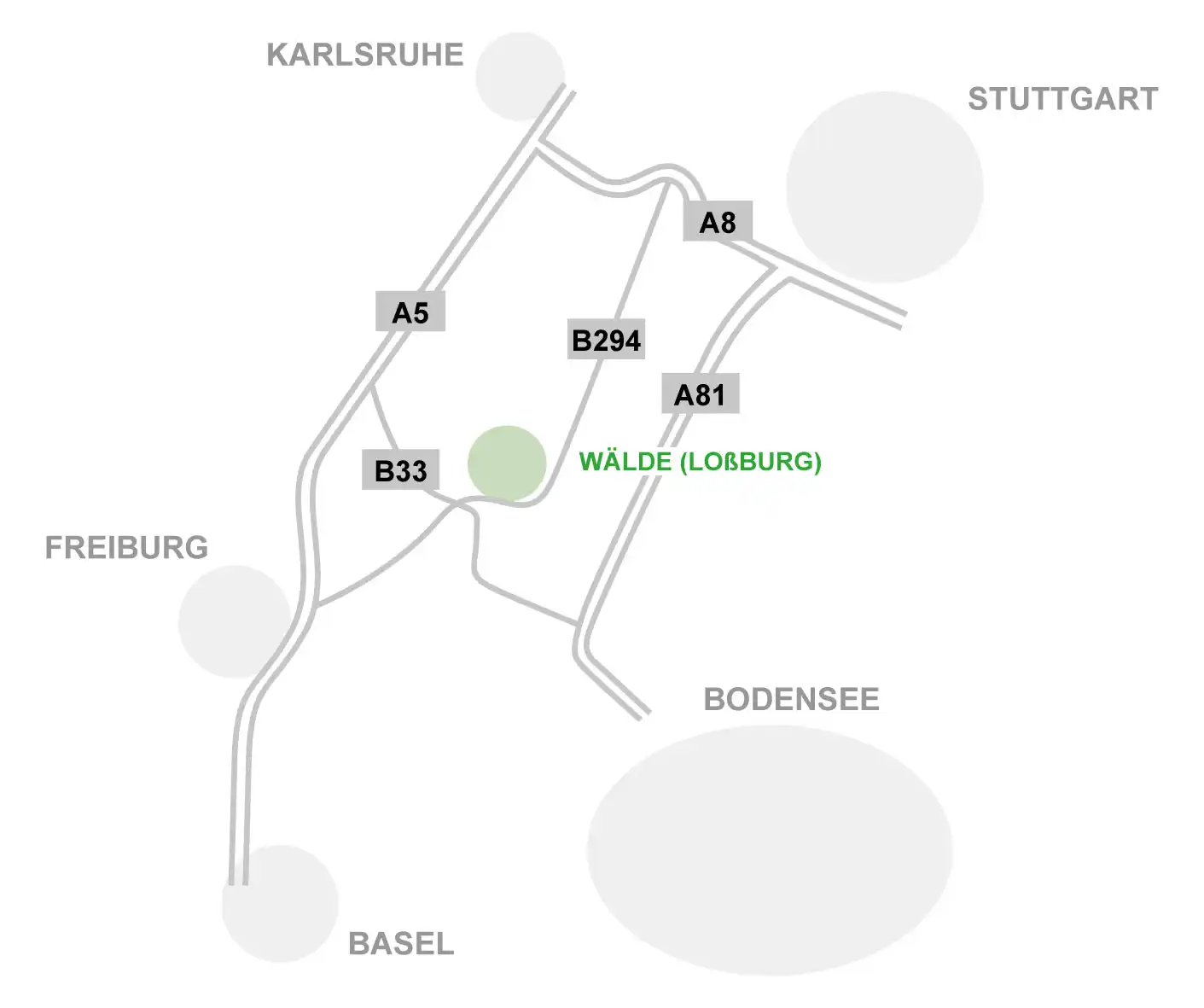 Schwarzwald-Lounge – Lage Wälde Loßburg im Schwarzwald Lagekarte Schwarzwald mit Markierung Wälde Loßburg zwischen Karlsruhe, Stuttgart, Freiburg, Basel und Bodensee