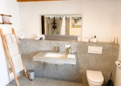 Badezimmer mit Waschplatz, WC und Naturstein-Optik im Refugium am Ursprung
