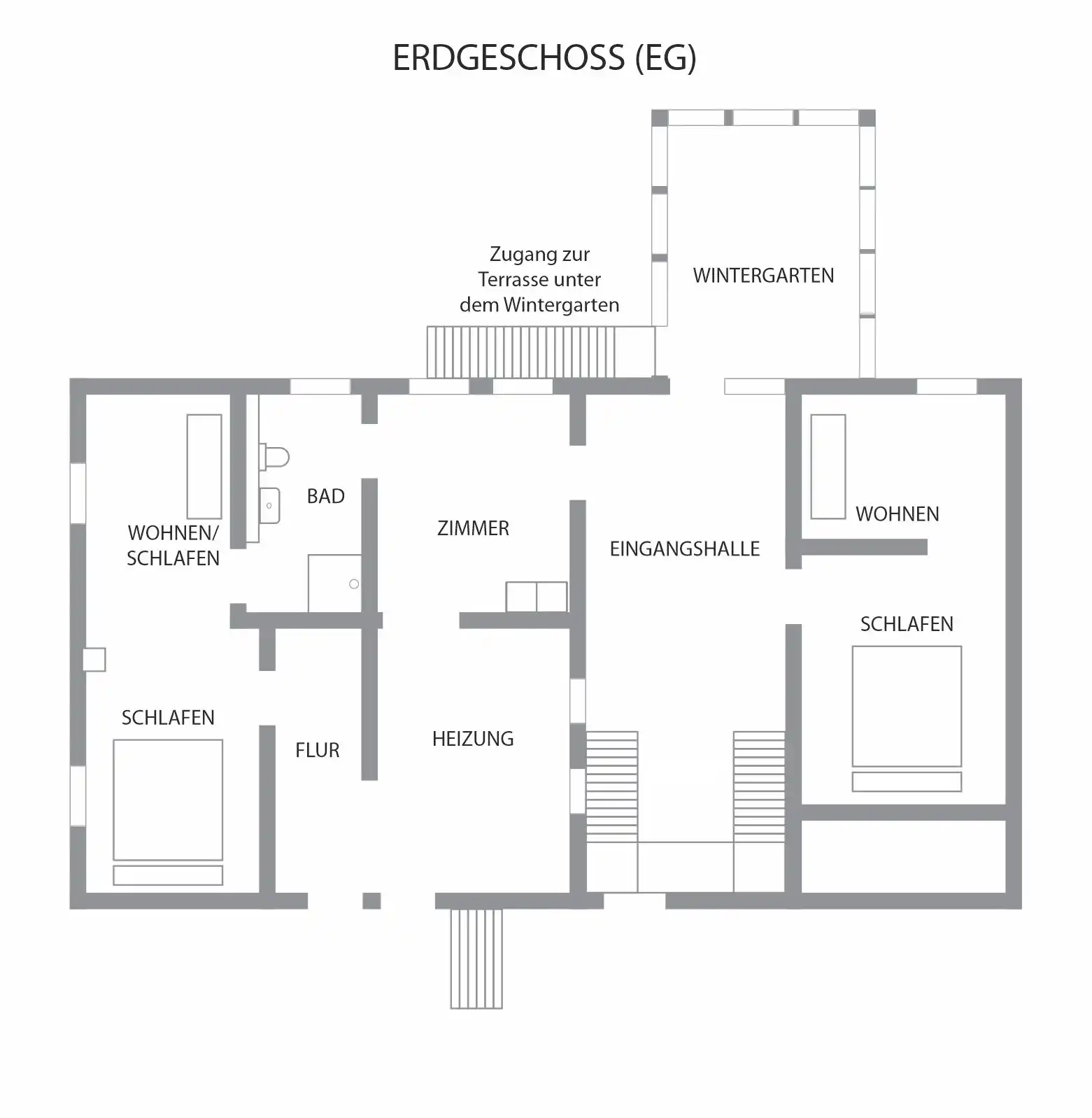 Refugium am Ursprung – Grundriss Erdgeschoss Grundriss Erdgeschoss im Ferienhaus Refugium am Ursprung mit Wintergarten, Wohnbereichen, Schlafzimmern und Bad