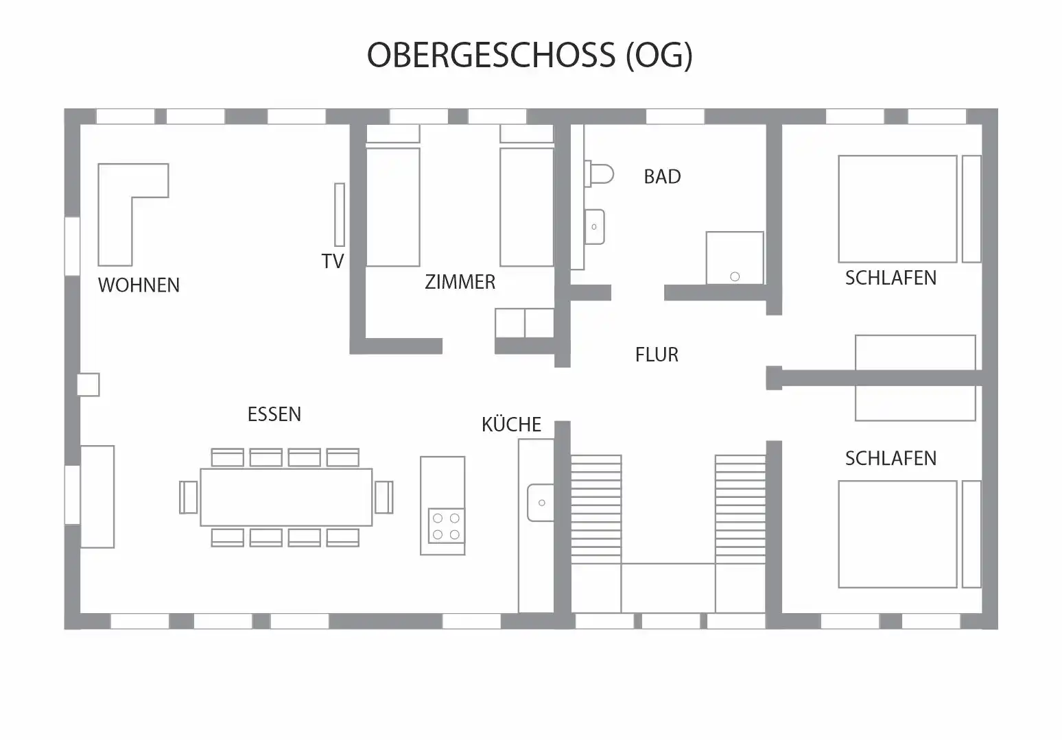 Refugium am Ursprung – Grundriss Obergeschoss Grundriss Obergeschoss im Ferienhaus Refugium am Ursprung mit Wohn- und Essbereich, Küche, Schlafzimmern und Bad