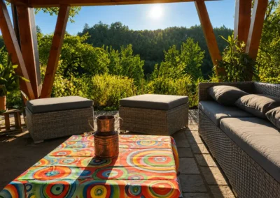 Überdachte Terrasse mit Sitzbereich und Blick in die Schwarzwaldnatur im Refugium am Ursprung - für eine Auszeit im Schwarzwald