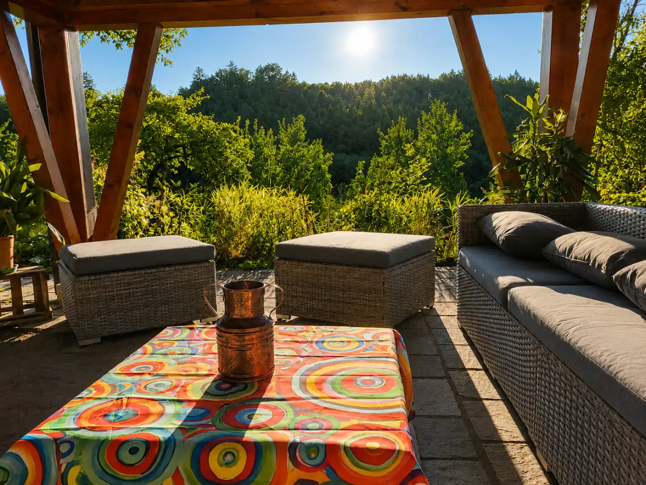 Refugium am Ursprung – Terrasse mit Blick ins Grüne Überdachte Terrasse mit Sitzbereich und Blick in die Schwarzwaldnatur im Refugium am Ursprung