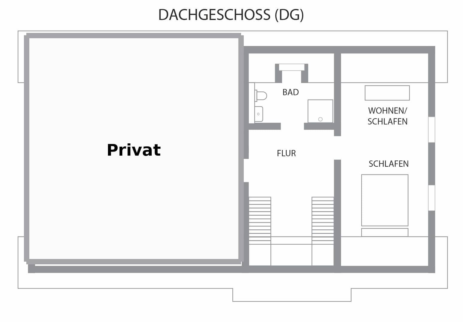 grundriss_Dachgeschoss Grundriss Dachgeschoss im Ferienhaus Refugium am Ursprung mit Yoga-Raum, Wohnbereich, Schlafzimmern und Bad